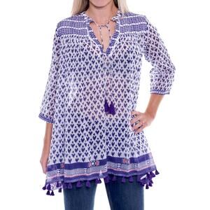 Roberta Roller Rabbit White Purple Sheer Serafina Pom Pom Tunic Top Tie Tassels